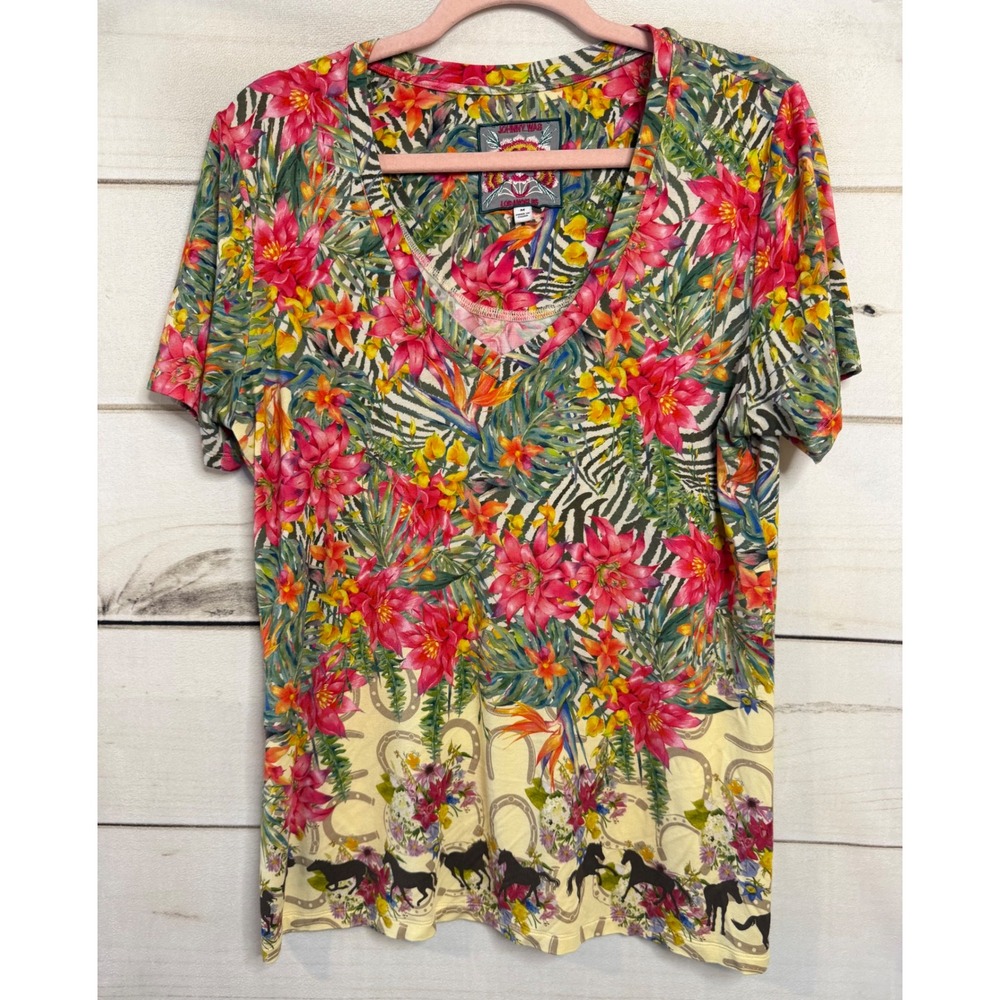 Johnny Was Floral Tropical V-Neck Tee in Pink, Yellow, Green